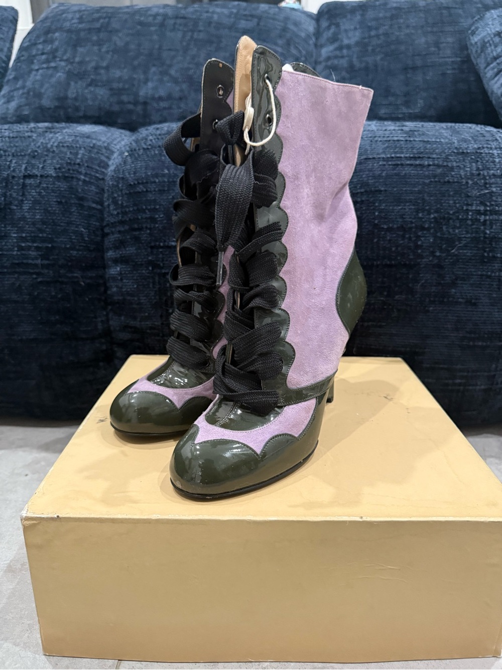 John Galliano Purple Suede and Olive Patent Lace-Up Boots